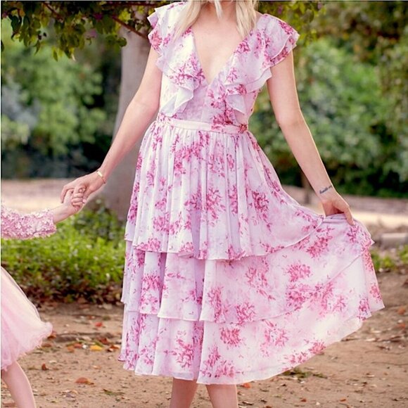 FAME AND PARTNERS Delaney Pink Floral Ruffled Tiered Chiffon Midi Dress - Picture 3 of 12